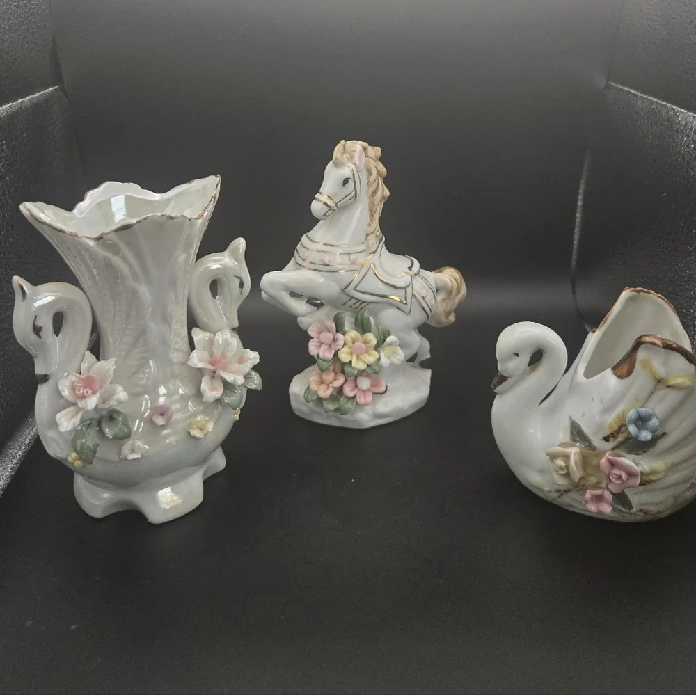 Porcelain Swan and Horse Figurines with Floral Accents Vintage